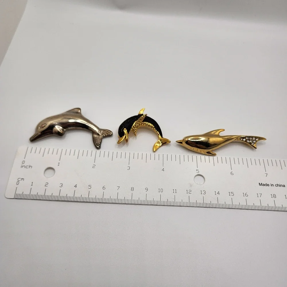 Vintage Dolphin Brooch Pin Set 3pc‎ Gold Silver Black Enamel Rhinestone Nautical